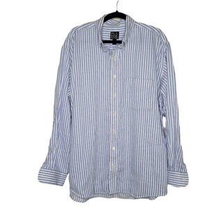 Jos A Bank Mens Blue White Railroad Stripe Long Sleeve Linen Button down XL